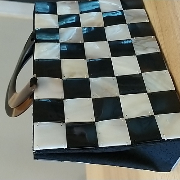 Retro Black White Checkered Purse Buffalo Bone Mother of Pearl, Lili Lua Vietnam - Picture 7 of 9